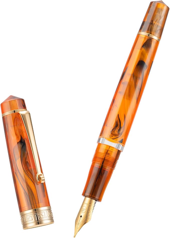 Asvine P20 Amber Fountain Pen Piston Filling, Gold Plated Fine Point Smooth Writer with Pen Gift Case