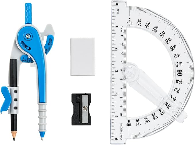 Vobou Compass and Protractor Set, 6 Inch Protractor with Swing Arm (Blue) | Compasses for Math for Drafting, Sharpener, Eraser and 180 Degree 6 Inch Clear Protractor, Easy Grip, School Supplies