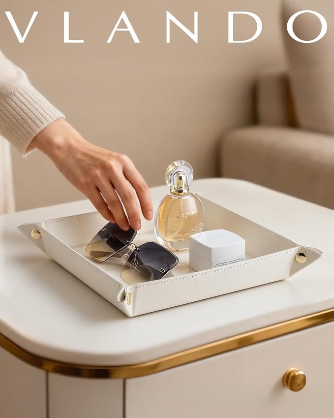 VLANDO Valet Tray Organizer, PU Leather Catchall Tray for Vanity, Beige | Large Jewelry Vanity Tray for Keys, Wallet, Watch, Phone, Glasses and Perfume, Nightstand Dresser Desk Entryway Organizer
