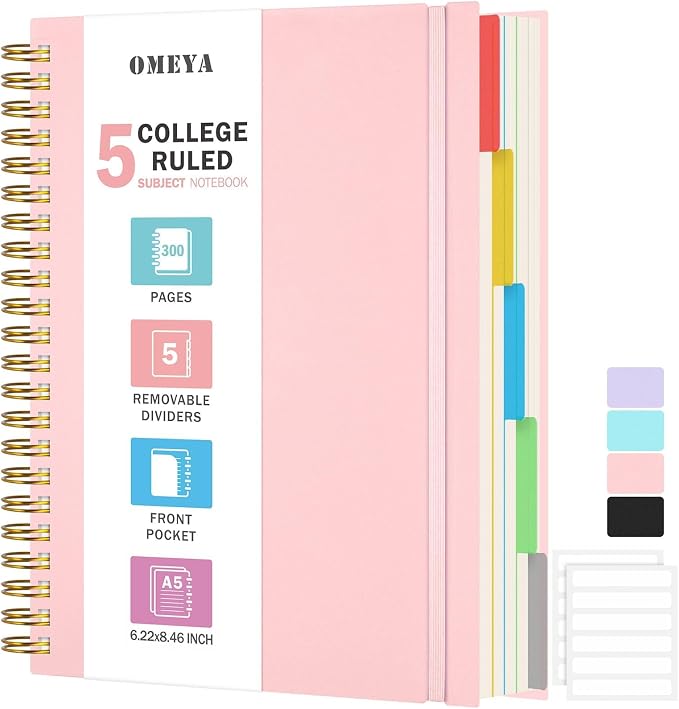 5 Subject Notebooks College Ruled, Lined Notebook with Removable Dividers | 300 Pages 100GSM Thick Spiral Writing Journal for Women & Men, Small A5 Spiral Notebooks for Work, School Supplies, 6" x 8"
