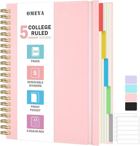 5 Subject Notebooks College Ruled, Lined Notebook with Removable Dividers | 300 Pages 100GSM Thick Spiral Writing Journal for Women & Men, Small A5 Spiral Notebooks for Work, School Supplies, 6" x 8"