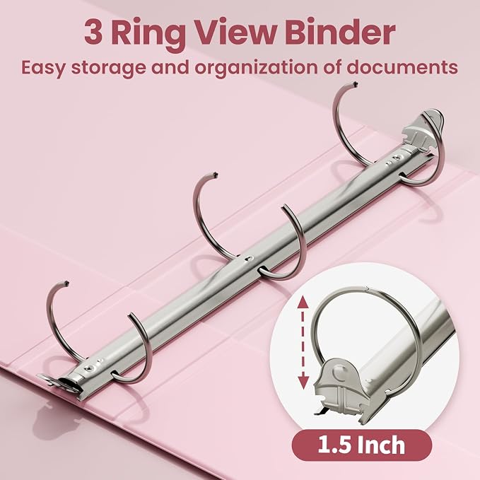 SUNEE 1.5 Inch Binders 3 Ring 4 Pack, Clear View 1 1/2 Inch Binders Three Ring PVC-Free (Fit 8.5x11 Inches) for School or Office Supplies, Pink