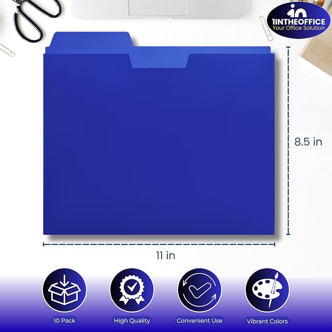 1InTheOffice Plastic File Folders Letter Size 1/3 Cut Tab, Poly File Pockets, Assorted Colors (10 Pack)