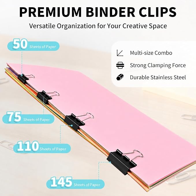 180Pcs Colorful Binder Clips Assorted Size, Metal Paper Clips for Daily Use | Clips Office Supplies for Documents, Files, School Supplies, Home and Desk Organization