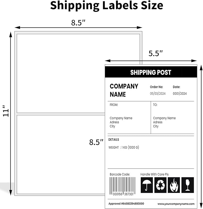Half Sheet Shipping Labels,Self Adhesive Mailing Labels for Laser & Inkjet Printers,White 8.5x5.5 Half Page Label,200 Sheets
