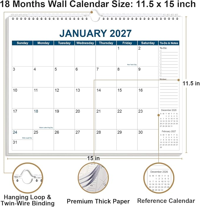 Calendar 2026-2027 - Wall Calendar from July 2026 to December 2027, 2026-2027 Wall Hanging Calendar Planner with Thick Paper, 12" x 14.5", Blue