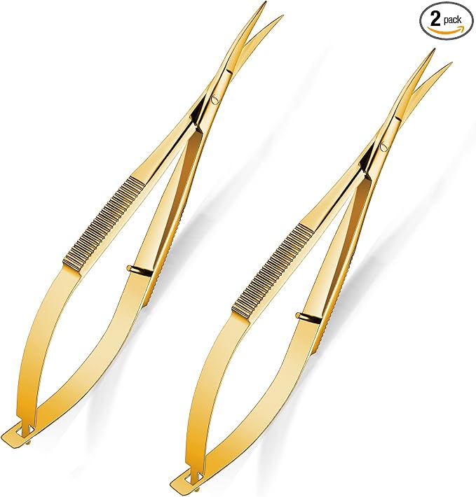 Shynai 2 Pieces 4.7 Inch Embroidery Scissors Curved Eyebrow Scissors Tip Spring Action Stainless Steel Cutting Eyebrow Trimming Craft(Gold)