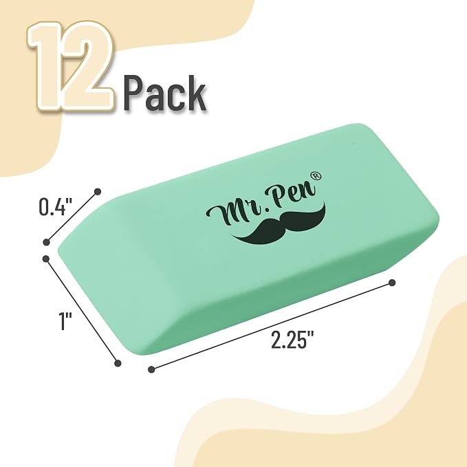 Mr. Pen- Pencil Eraser, 12 Pack, Green | Large Latex Free Block Erasers for School, Office, Art Sketching, Homework, Exams, Clean Smudge-Free Correction