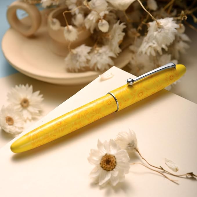 HONG DIAN C3 Fountain Pen, Iridium Extra Fine Soft Nib Chinese Knot Carving, Bright Yellow & Sunflower Painting Design with Metal Box Set