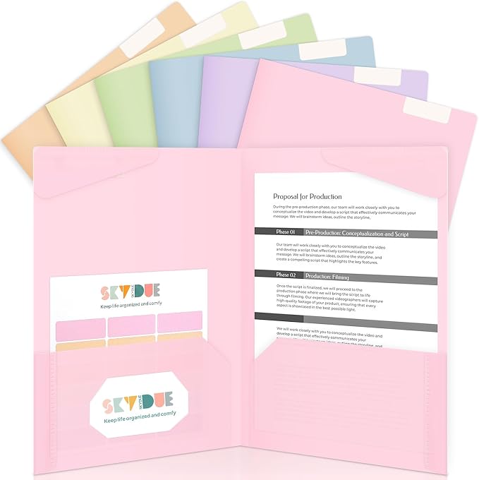 Folders with Pockets and Tabs, 6 Pack Plastic File Folders with 18 Labels, Letter Size School Folders with Pockets, Color-Coded Project Folders for School, Home and Office Soft Pastels Colors
