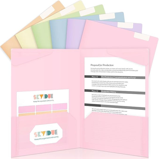 Folders with Pockets and Tabs, 6 Pack Plastic File Folders with 18 Labels, Letter Size School Folders with Pockets, Color-Coded Project Folders for School, Home and Office Soft Pastels Colors