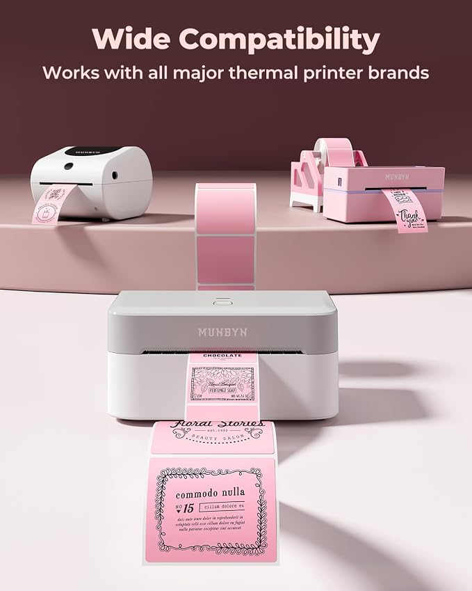 MUNBYN 2x2 Thermal Labels, 750 Sheets/Roll, Pink | Strong Adhesive & Perforated, Non BPA&BPS for Small Business, Barcode, Bakery, Shipping
