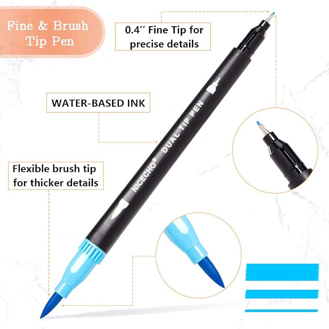 Nicecho 60 Colors Markers for Adult Coloring Books, Dual Brush Art Marker Pens - Fineliner & Brush Pen for Journaling, Calligraphy, Drawing, Sketching