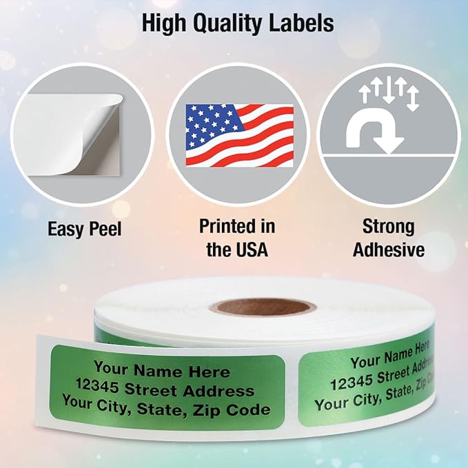 Colorful Images Green Metallic Foil Rolled Return Address Mailing Labels with Dispenser, Customize with Name & Shipping Address, 250 Self Adhesive, Easy Peel Sticker Label Roll, 3/4" x 2 1/2"