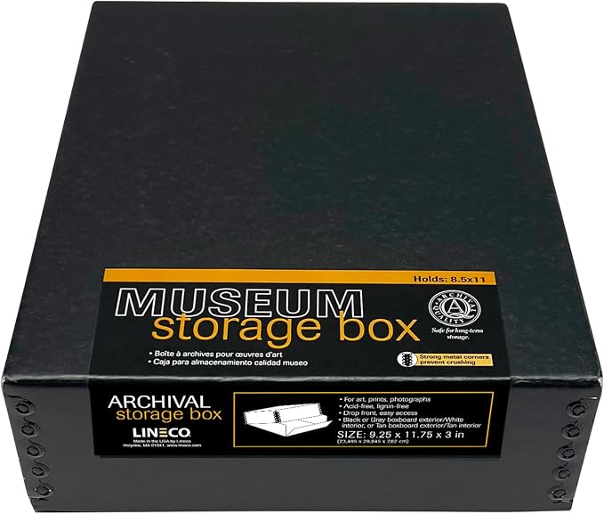 Lineco Museum Archival Storage Box, Drop Front, 9.25x11.75x3 in, Black | Acid-Free with Metal Edge, Preserves Picture Longevity, Organize Photos, Newspapers, Prints, Documents, Crafts, DIY