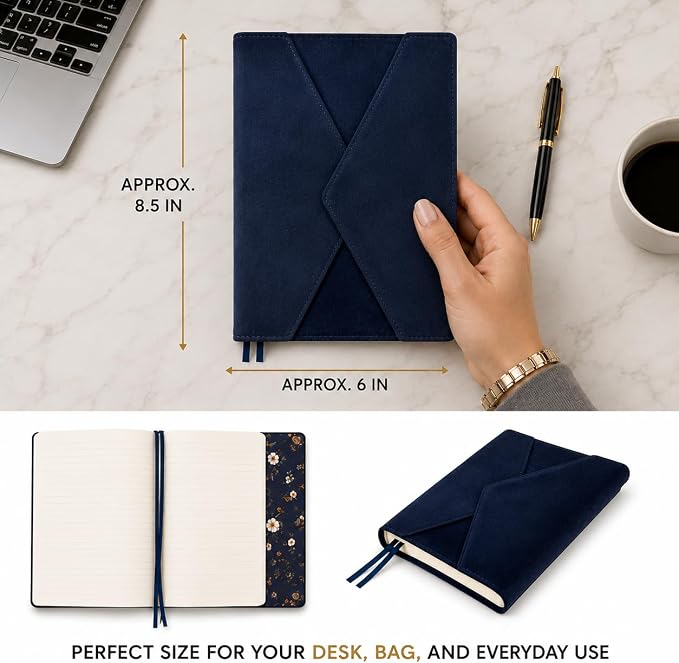 Eccolo Lined Journal Notebook, Hardcover Velvet Journal for Women & Men - 256 Ivory Pages, Unique Writing Journal for Work or School, Magnetic Flap Closure, 3 Bookmarks, Size 6X8, 6X8 Navy | Ivory Acid-Free Ruled Paper, 3 Sewn-In Bookmarks, Lay-Flat De...