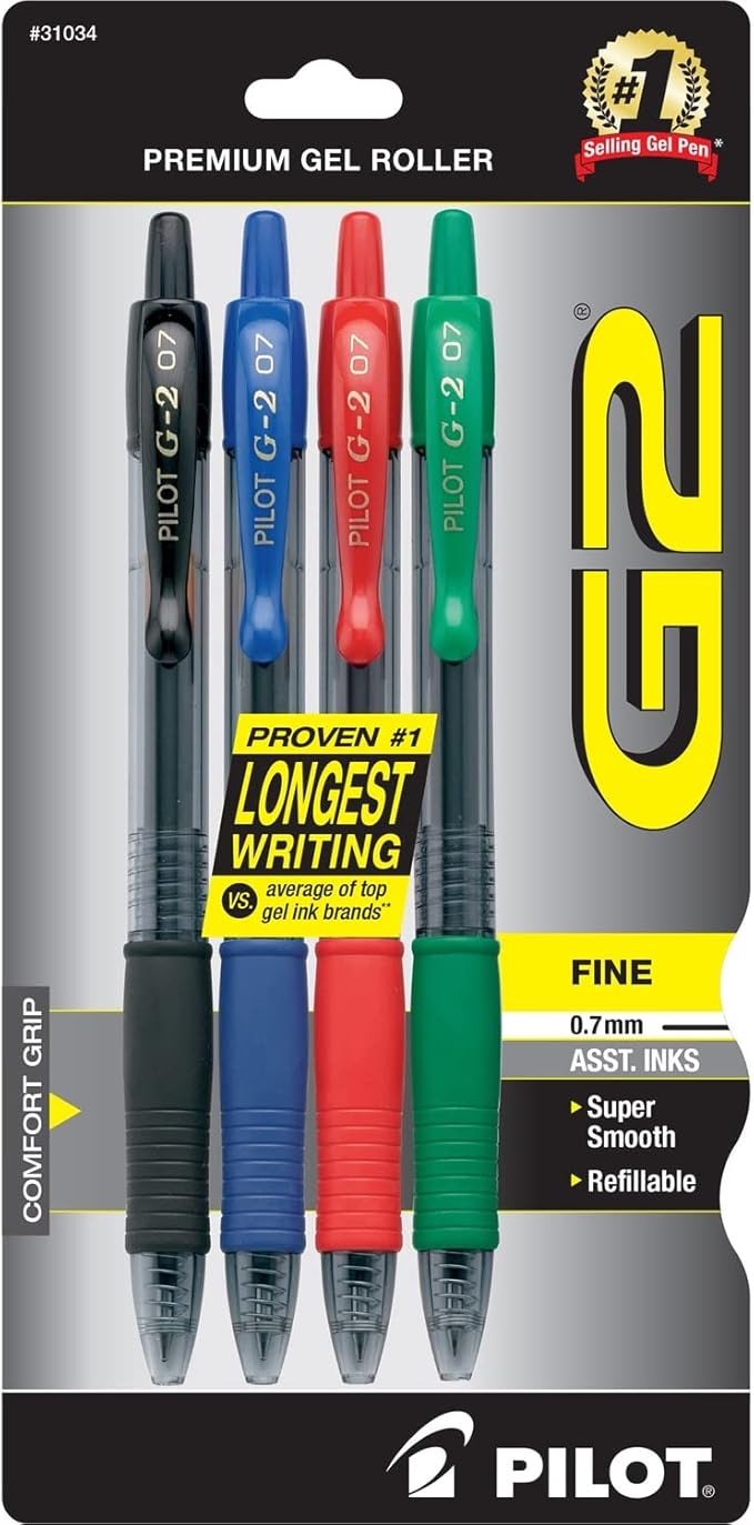 Pilot G2 Retractable Premium Gel Ink Roller Ball Pens, Fine Point, 4-Pack, Assorted Colors, Black/Blue/Red/Green