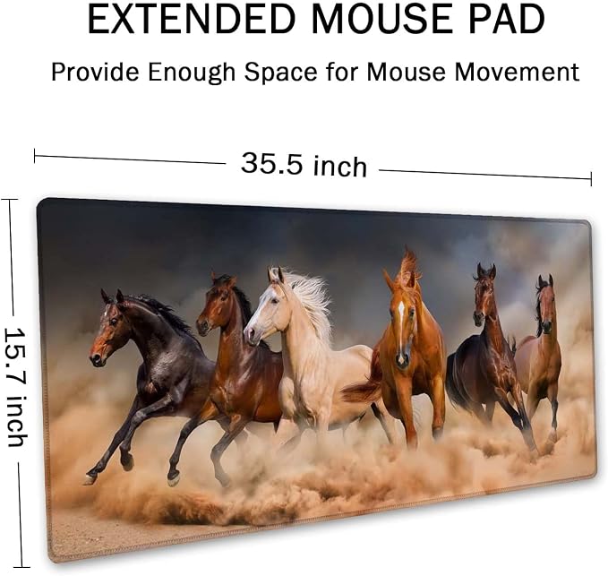 SSOIU Extended Gaming Mouse Pad (35.5x15.7 in), Large Non-Slip Rubber Base Mousepad with Stitched Edges, Waterproof Keyboard Mouse Mat Desk Pad for Work, Game, Office, Home - Running Horses