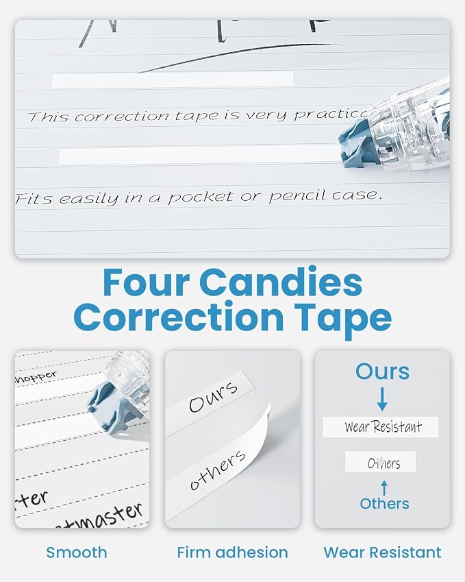 Four Candies 2-Pack White Correction Tape, 118.1 ft, 6mm Width (Blue Green) | with 4 Refill Tapes, Refillable, Tear-Resistant, Smooth, Quick Dry, Cute Pen Shaped, for School Teen & Adults