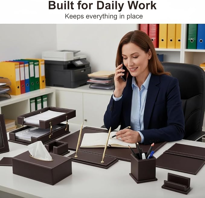 Leather Desk Set, 13-Piece All-in-One – Executive Desk Accessories & Office Supplies,Desk Organizer with Desk Pad & Blotter, 2-Tier Letter Tray, Luxury Office Desk Decor & Boss Gifts (Brown)