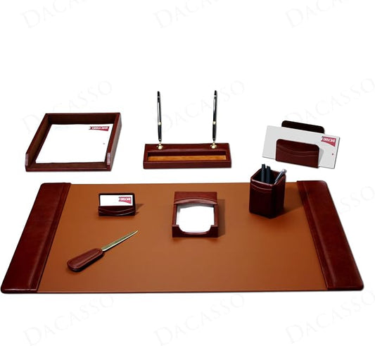 Dacasso Mocha Leather 8-Piece Luxury Desk Accessory Set - Executive Desk Decor - 34" x 20" Leather Blotter Pad & Organization Essentials