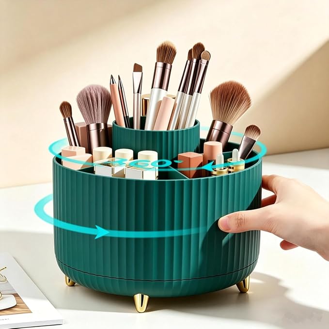 360 Degree Rotating Makeup Brush Holder Organizer Detachable Design 5 Slot Make up Brushes Cup for Cosmetics and Pencil Pen Organizer for Desk Makeup Organizer Skincare Storage for Vanity( Green)