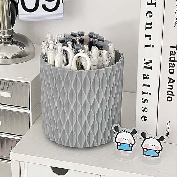 OWLFAVO Rotate Desk Organizer, Spinning Pen Holder Stationery, 360-Degree Pencil Accessories Storage Caddy Tray for College, Home, Office, Makeup Brush, 5 Compartments, Gray
