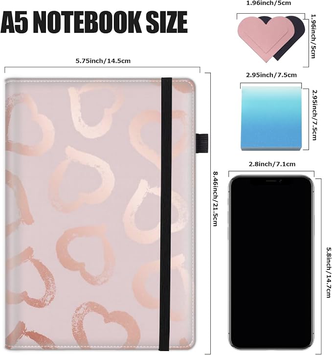 Hardcover Executive Notebooks, A5 PU Leather Lined Journal Notebook, 200 Pages Thick Paper Subject Notebooks for School,Work,Home Writing Business Notebook, Diary Book ，Rose Gold Heart