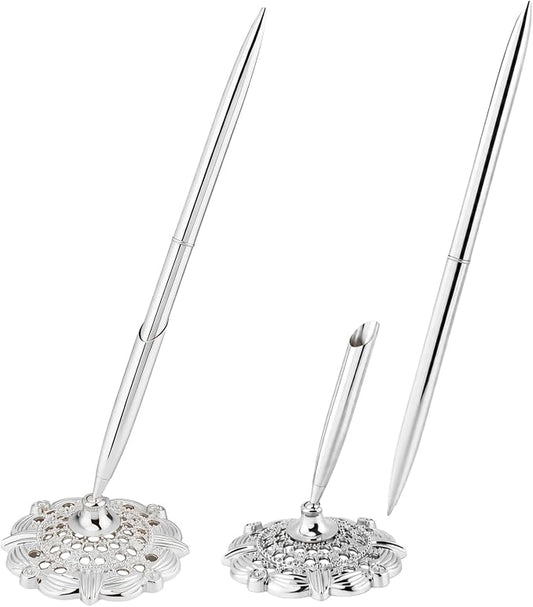 2 Pcs Gold Bridal Shower Pens for Guest Book with 360° Rotating Metal Pen Holder, Wedding Guest Book Signing Pen Set, Durable Metal Ballpoint Pens for Reception Table Decor