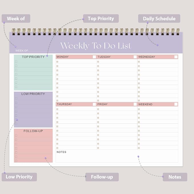 Weekly To Do List Notepad, Undated Planner with 52 Sheets (8.5''x11''), Desk Weekly Planner for Women & Man, Home School & Work