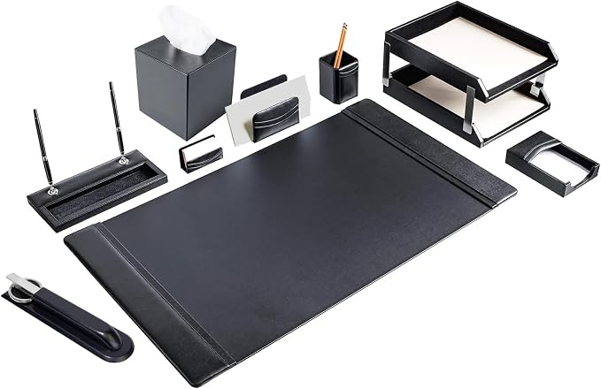 DACASSO Black Leather 11-Piece Desk Set - Luxury Leather Desk Pad & Desk Organization Essentials - Office Organization & Executive Desk Decor - (Silver Accent)