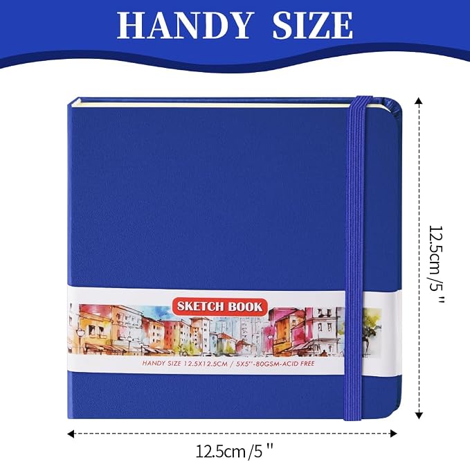 5x5" Pocket Sketch Book,80gsm Hardcover Art Sketchbook for Drawing Journal | PU Cover,Blank Paper,96Sheets/192Pages,Lay-Flat,Portable Travel Creation Paint Diary Memo Planner,Dry Media.Sapphire Blue