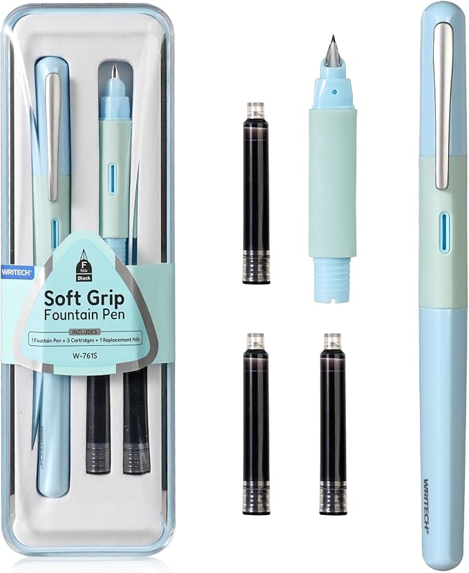 WRITECH Soft Grip Fountain Pen: Black Ink Fine Nib Pen with 1 Replacement Nib Set and 3 Ink Cartridges Smooth Writing for Calligraphy Journaling Gift (Blue)