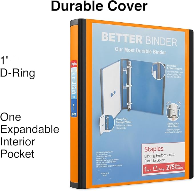 Staples Better Binder 1‑Inch D‑Ring 3‑Ring View Binder, Durable High‑Quality Binder for Office & School Organization, Orange