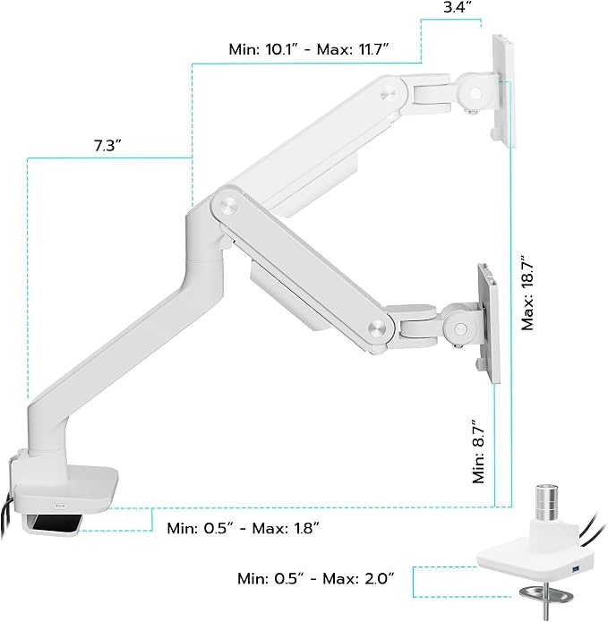 ARES WING Ultrawide Monitor Arm with USB for 17 to 49 Inch Screen, White | Pro Gas Spring, Full Range of Motion, for 75/100 Vesa Mount, for Samsung, LG Curved/Flat Monitor, Easy Install, Hold 44lbs