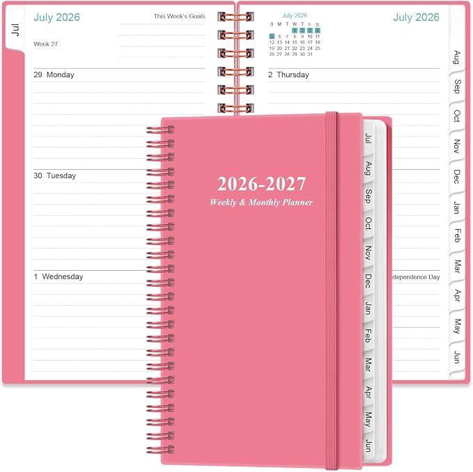 2026-2027 Pocket Planner/Calendar - 2026-2027 Planner from July 2026 - June 2027, Planner 26-27 with 12 Tabs, Twin-Wire Binding, Inner Pocket, 3.75" x 6.75, Pink