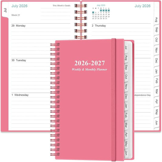 2026-2027 Pocket Planner/Calendar - 2026-2027 Planner from July 2026 - June 2027, Planner 26-27 with 12 Tabs, Twin-Wire Binding, Inner Pocket, 3.75" x 6.75, Pink