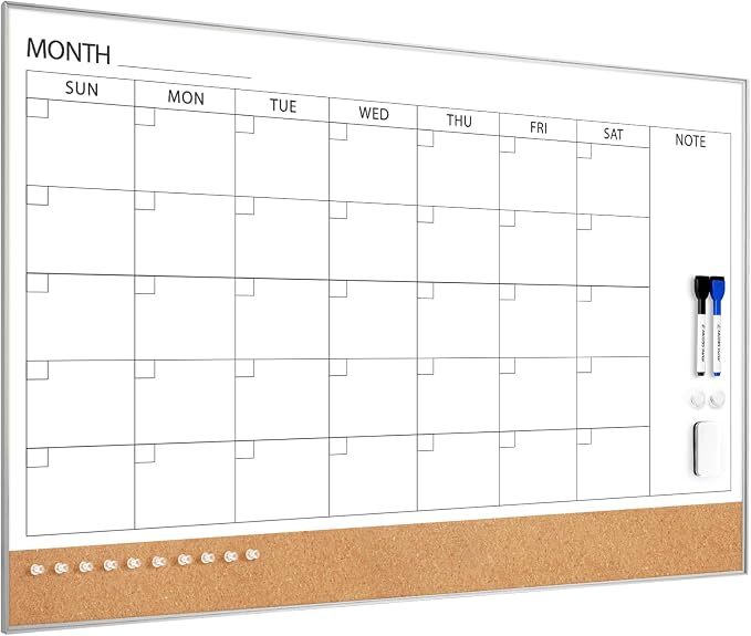 ARCOBIS Dry Erase Calendar with Cork Board for Wall, 36"x 24" Magnetic Calendar Whiteboard with Silver Frame, Monthly Combination Board for School, Home, Office
