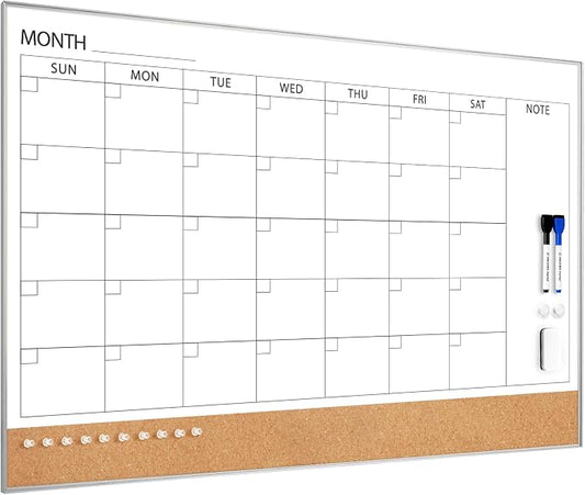 ARCOBIS Dry Erase Calendar with Cork Board for Wall, 36"x 24" Magnetic Calendar Whiteboard with Silver Frame, Monthly Combination Board for School, Home, Office