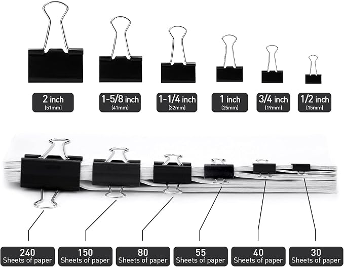 Binder Clips, 144 Pack, 1 Inch, Black, Standard 25mm, Capacity 0.47 Inch, Small Metal Paper Clips, Fold Clamp, Office and School Supplies