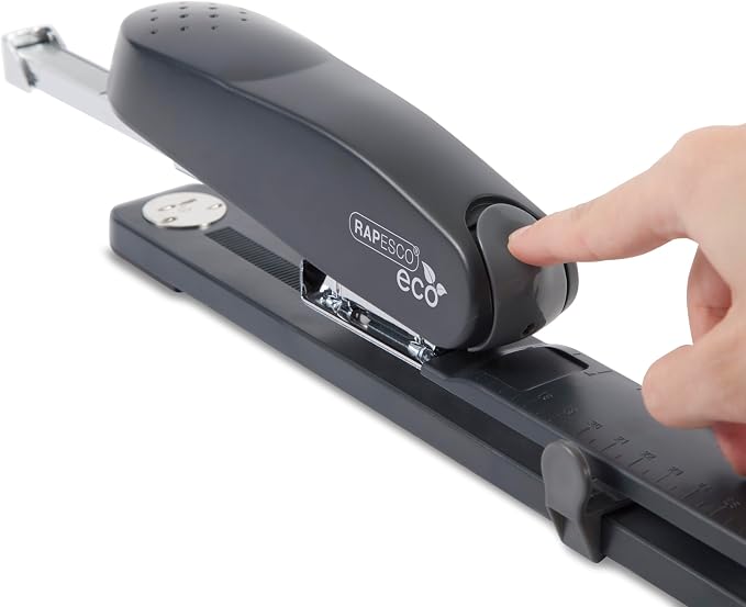Rapesco 1281 ECO Long Reach Stapler with 10.000 Staples, Type 26 Standard 5/16", 50 Sheet Capacity, Front Loading, Full Strip, Uses Type 26 Standard and Type 24 High-Capacity Staples, Charcoal | Heavy-Duty, Includes 10,000 Standard 5/16" Staples, Rotat...