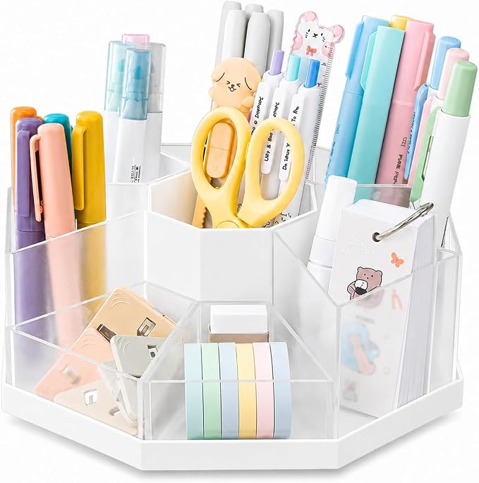 Rotating Pen Holder for Desk, 360 Degree Desk Organizer, Desktop Storage | with 9 Removable Compartments, Detachable Pencil Holder and Art Supply Organizer for Office, School, Makeup Brushes, Markers