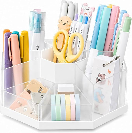 Rotating Pen Holder for Desk, 360 Degree Desk Organizer, Desktop Storage | with 9 Removable Compartments, Detachable Pencil Holder and Art Supply Organizer for Office, School, Makeup Brushes, Markers