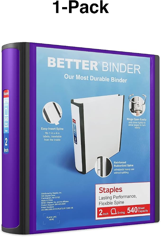 Staples Better 2-Inch 3-Ring Binder, Purple – Heavy-Duty Binder for School & Office Storage