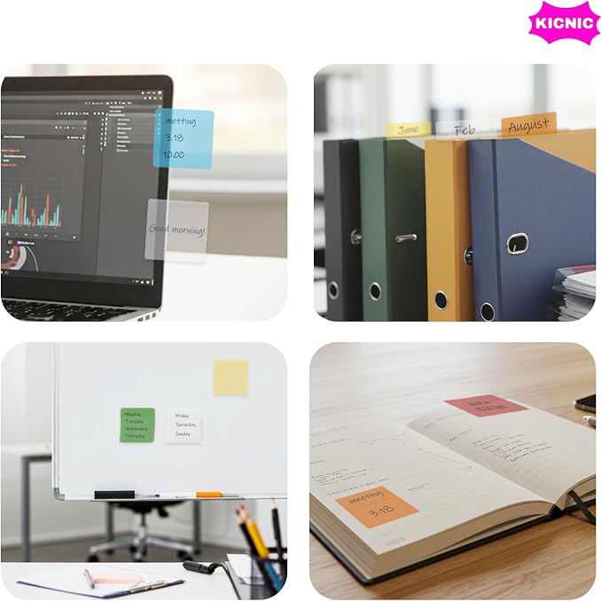 KICNIC Transparent Sticky Notes, 480 Pcs 3x3 Inch, Self-Adhesive Waterproof, See-Through Translucent Sticky Notes for Books, Bible, Page Markers, School Office College Supplies (6 Colors)