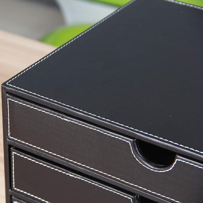 High-end PU Leather Desk Organizer File Cabinet Executive Office Supplies Desktop Filing A4 File Cabinet Stackable Storage Organizer Box with 3 Drawers (Black)…