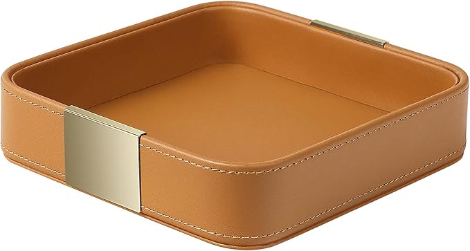 SANZIE Luxury Leather Desktop Storage Small Catchall Organizer Decorative Tray for Entryway Table to Hold Jewelry Watch Cosmetics Keys Phone Wallet, Home & Office Accessories (Metal Gilded, Orange)