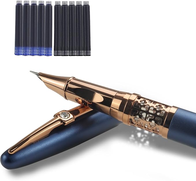 YUNCHUN Refillable Fountain Pen Fine Nib, Fancy Ink Pen with 10 Black & 10 Blue Ink Refills Cartridges, Cool Ink Pens for Writing, Business Metal, Best Gift Set for Men & Women, Blue