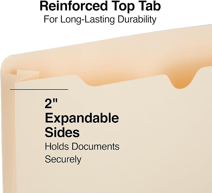 Staples Reinforced File Jackets, Letter Size, 2‑Inch Expansion, Durable Manila Construction for Organized Filing – 100/Carton