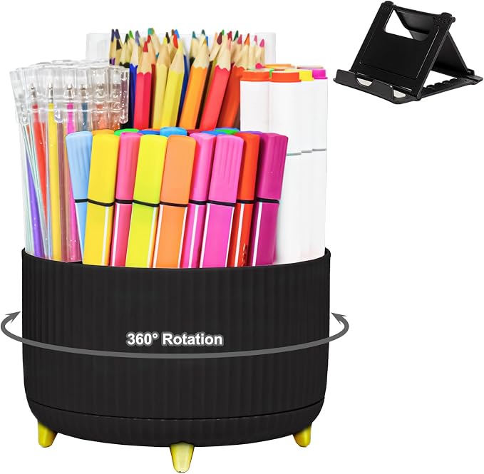 SAYEEC Rotating Pen Holder 5 Slots Desk Organizer with Adjustable Phone Stand Black Makeup Brush Holder Organizer Cute Pencil Cup Pot Art Supply Storage Box Caddy for Office School Vanity Bathroom